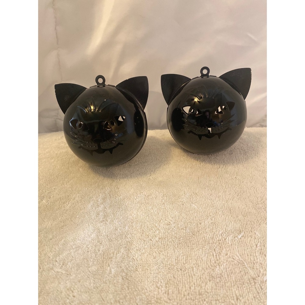 Set of 2 Black Metal Cat Head Jingle Bells Halloween Hanging Decor Glossy Finish